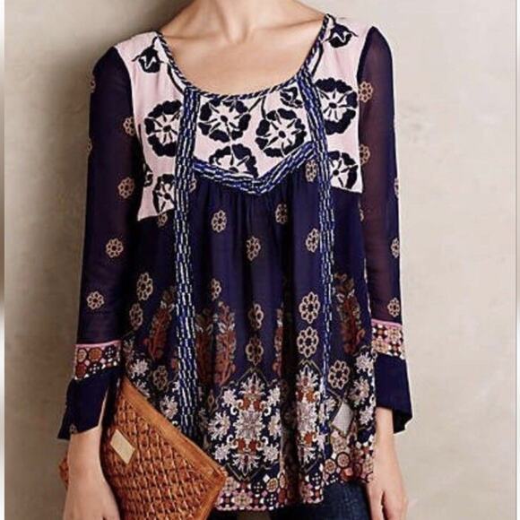 Floreat Tops - Floreat Anthropologie Top Womens Size M Embroidered Floral Boho Patchwork Flowy
